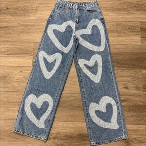High Waist Wide Leg Graffiti Heart Denim Jeans Size 2 Streetwear Casual
